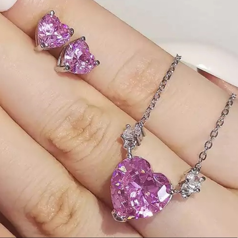 New 925 Silver Heart Earrings&Necklace Set - Picture 2 of 2